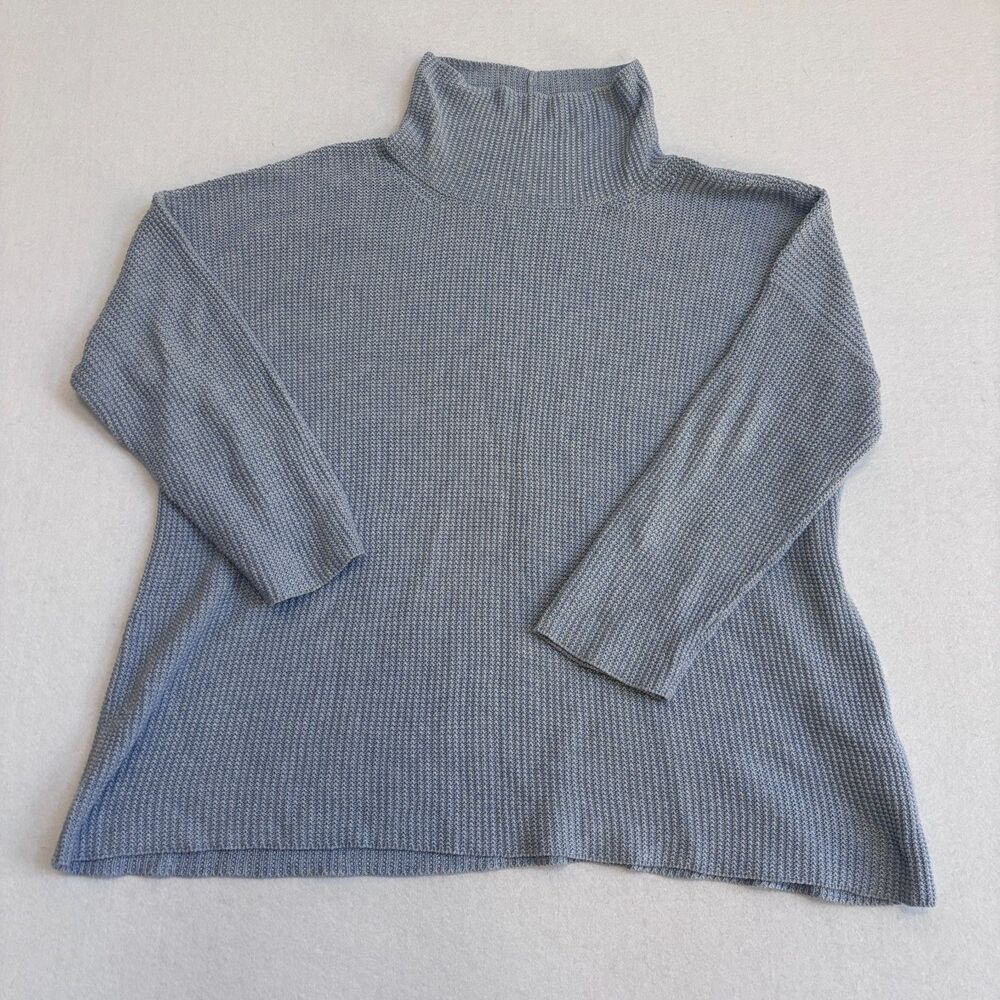 Eileen Fisher Waffle Knit Sweater Women's L Blue Turtleneck Oversized Organic